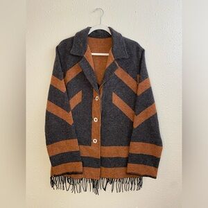 100% merino wool blazer jacket | rust & charcoal colors | fringe hem | size L